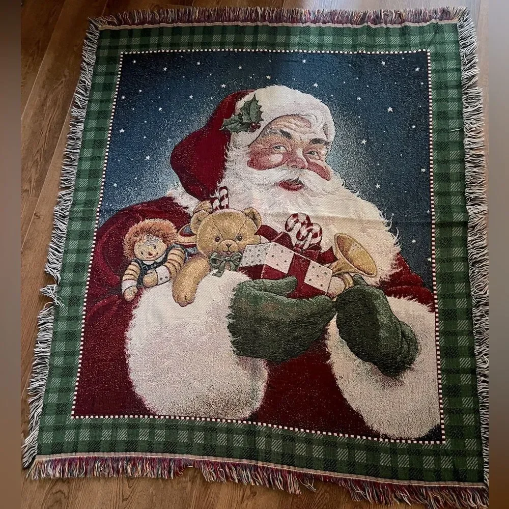 Vintage Christmas Santa Tapestry Throw Blanket raggedy Ann doll teddy bear
